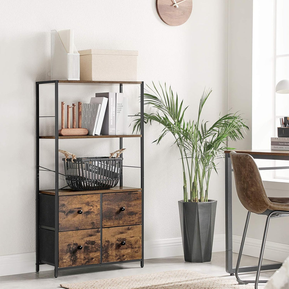 Rustic Storage Cabinet with Shelves and Fabric Drawers I1650