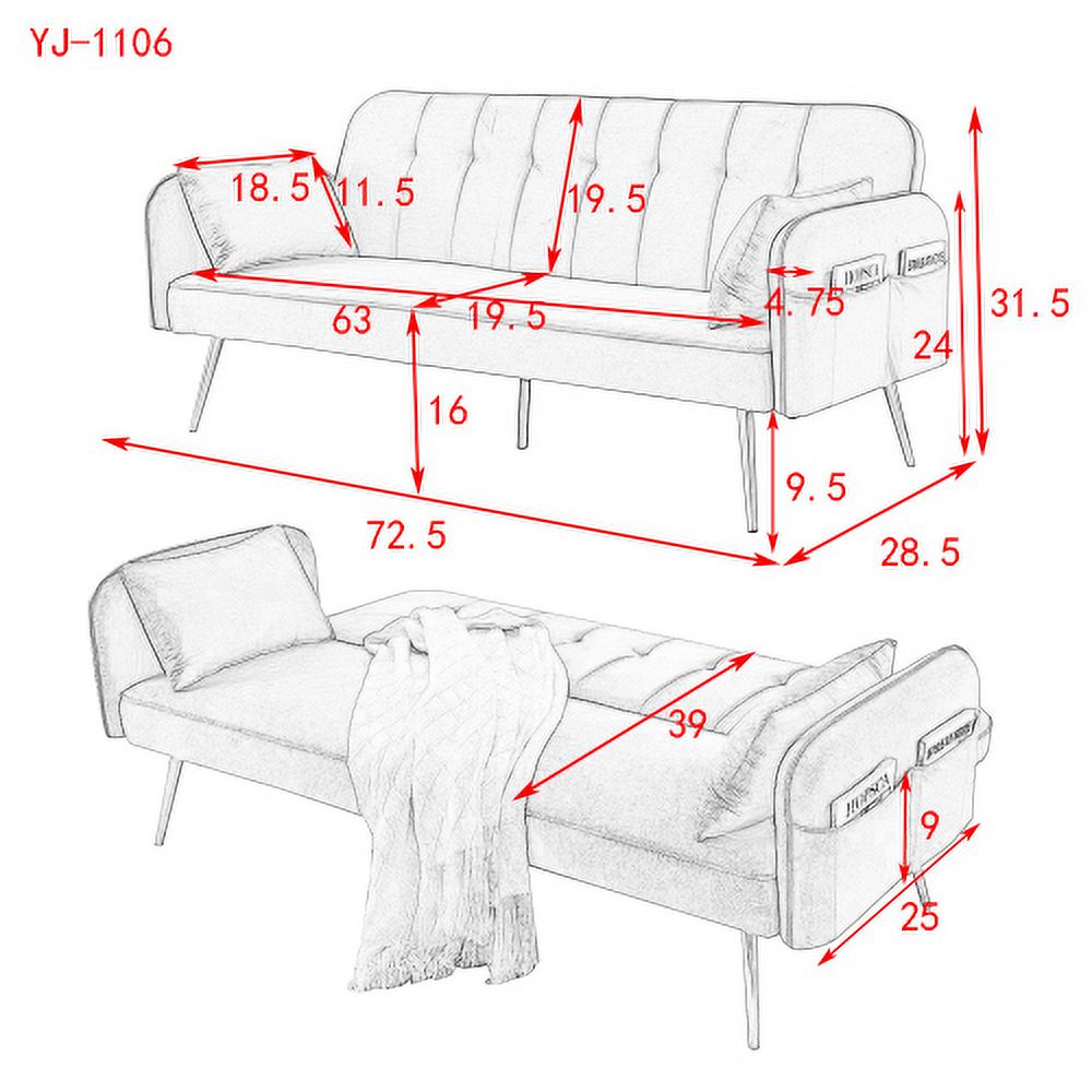 Convertible Velvet Sofa Bed with Two Pillows and Center Leg V562443