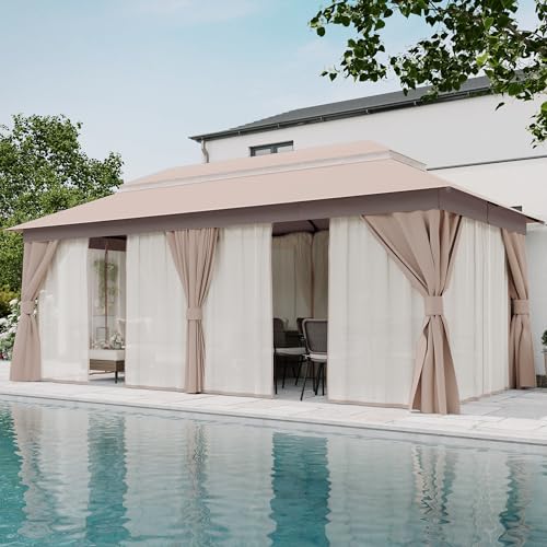 10'x13' Heavy Duty Outdoor Patio Gazebo with Double Roofs, Mosquito Nets and Privacy Screens J993