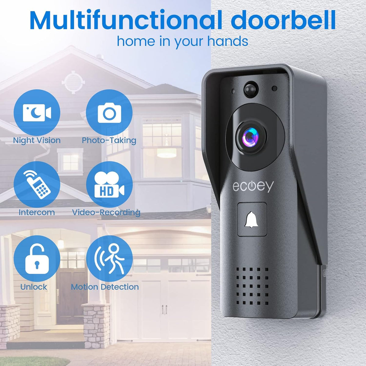 Video Doorbell Camera with Two-Way Audio, 1080P HD, PIR Motion Detection, Solar Energy K12250