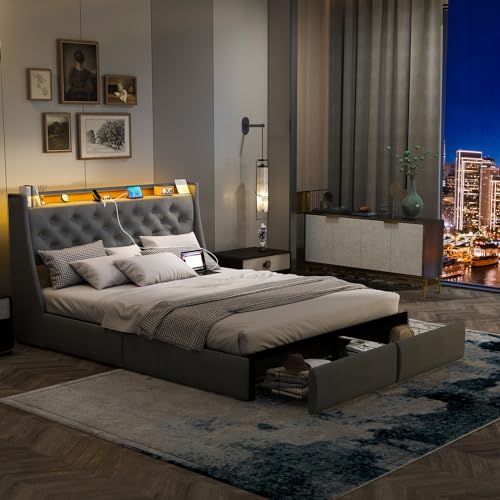 Gray Full Size Upholstered Bed Frame with 4 Storage Drawers and LED Lights K355