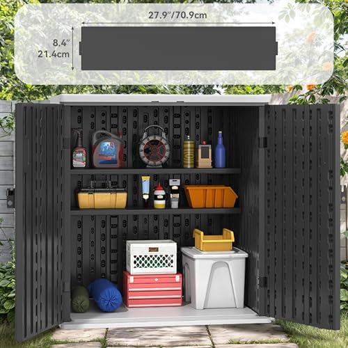 Outdoor Storage Cabinet with 2 Shelves, Waterproof Resin Lockable 15 cu. ft. Storage Shed, Dark Gray D531