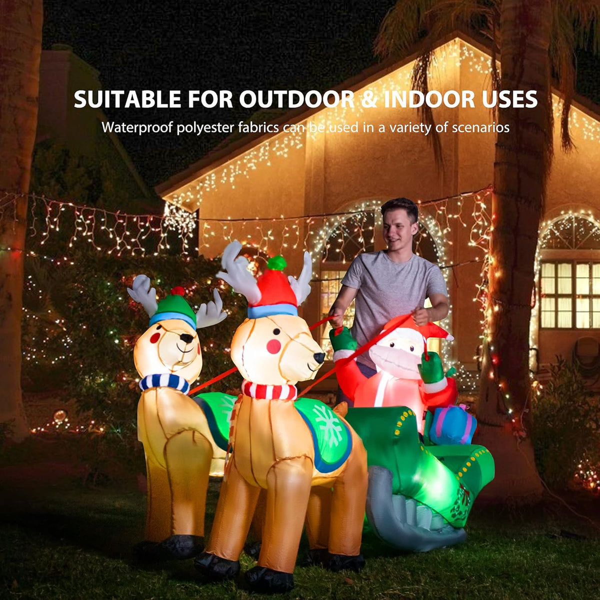 6.9ft Long Christmas Inflatable LED Lighted Santa on Green Sleigh with Reindeers and Gift Boxes Blow up Outdoor Yard Decoration X665