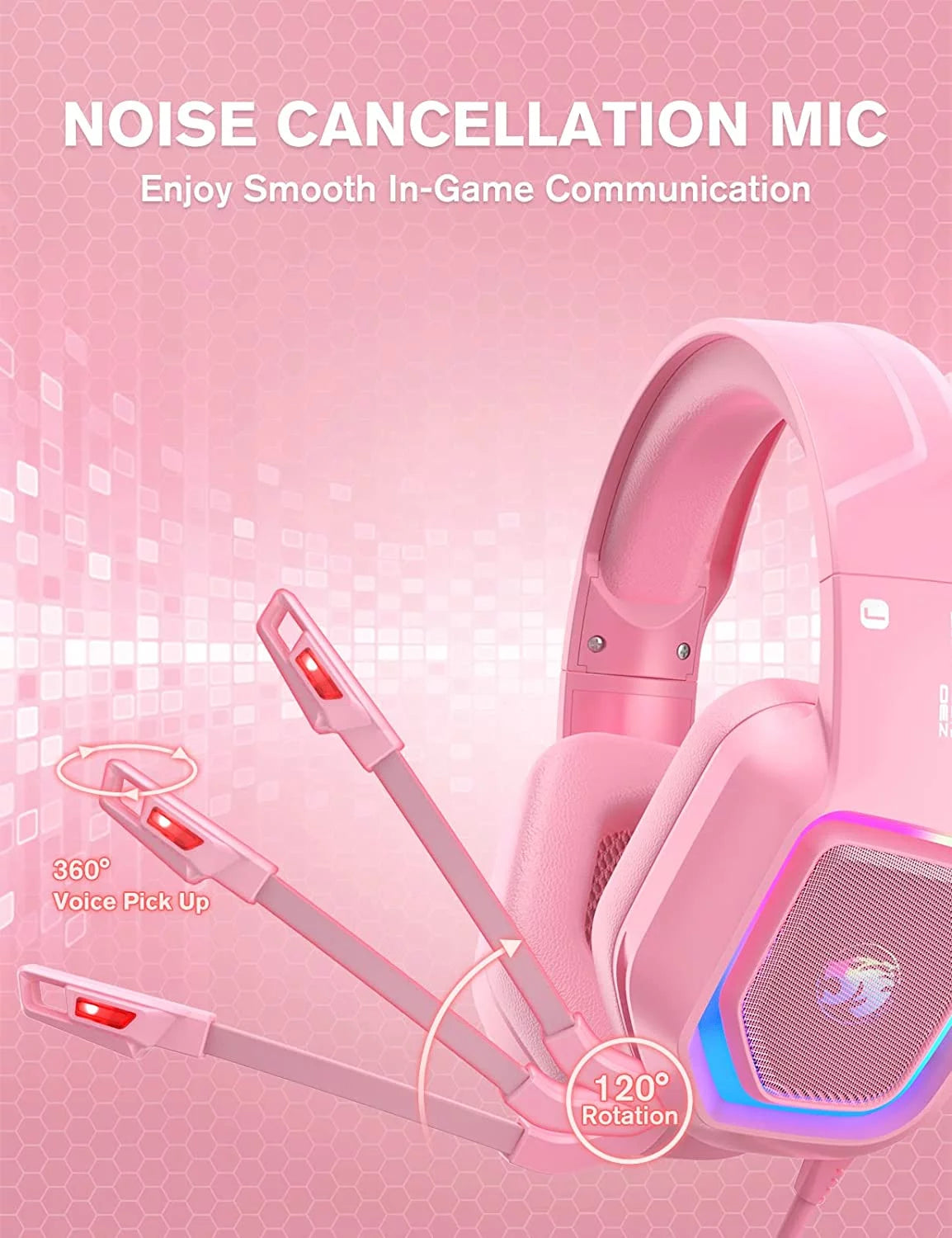 Pink Wired Over-Ear Gaming Headset with Noise Canceling Microphone X12616