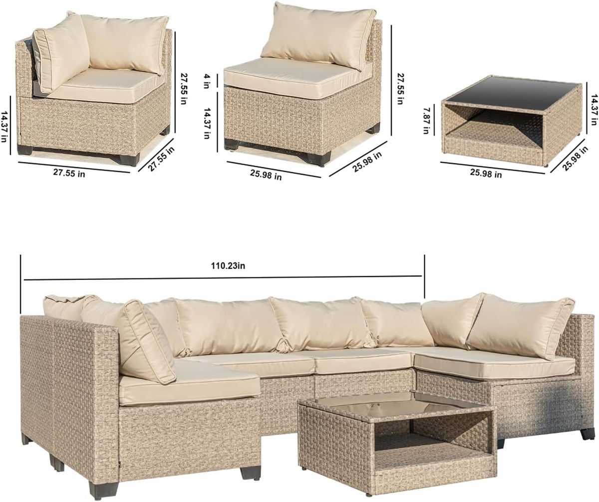 Beige 7-Piece Patio Sectional Sofa with Grey Cushions J7007