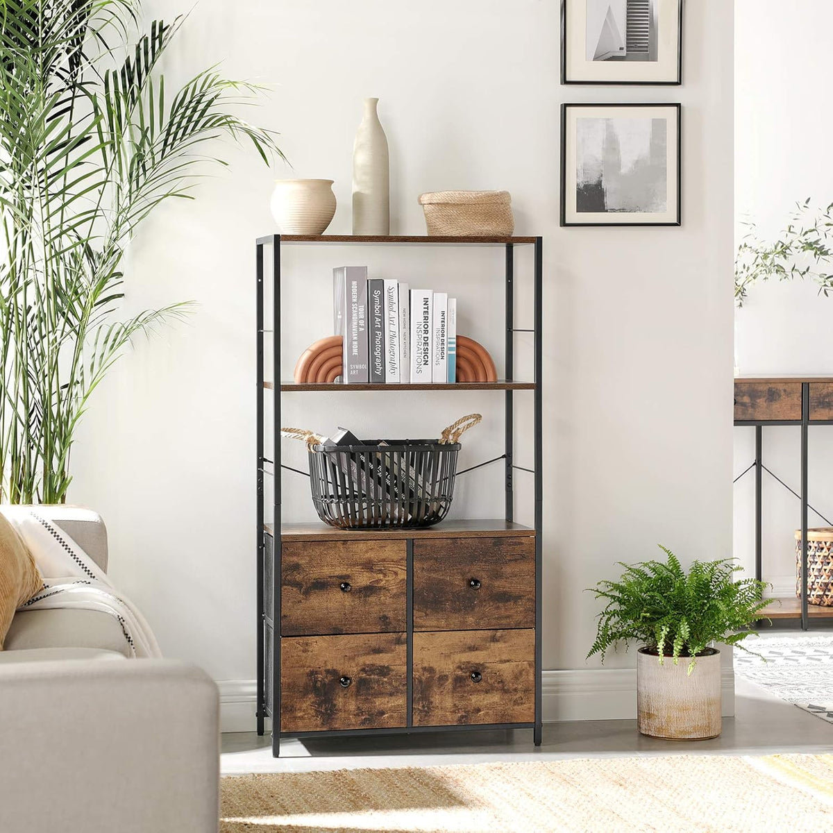 Rustic Storage Cabinet with Shelves and Fabric Drawers I1650