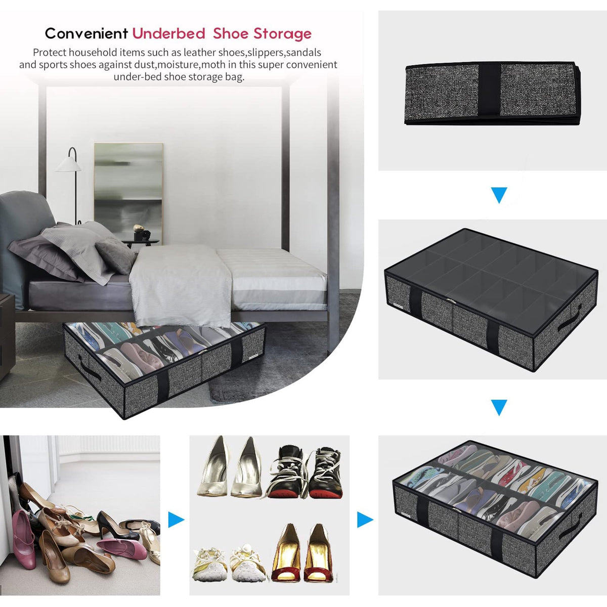 Black Foldable Underbed Shoe Storage Organizer with Clear Window X534