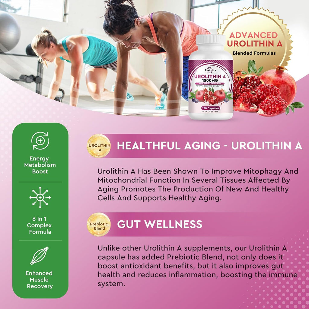Urolithin A Supplement 1000 mg with Resveratrol, Pomegranate Extract, Green Tea, Vitamin C, E, 120 Capsules K332