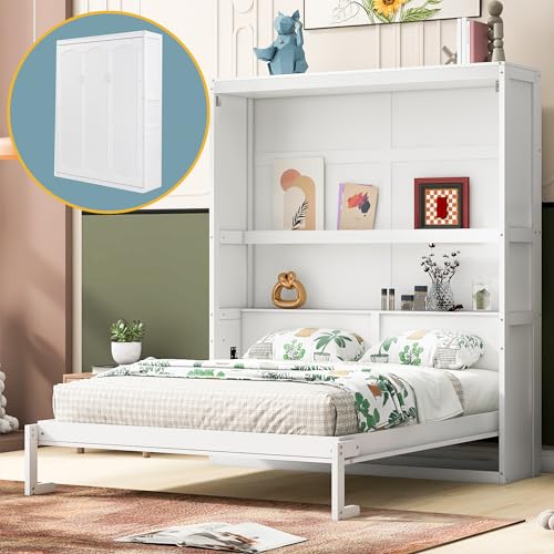 Queen Size Wood Murphy Bed with Shelves, Grey S392