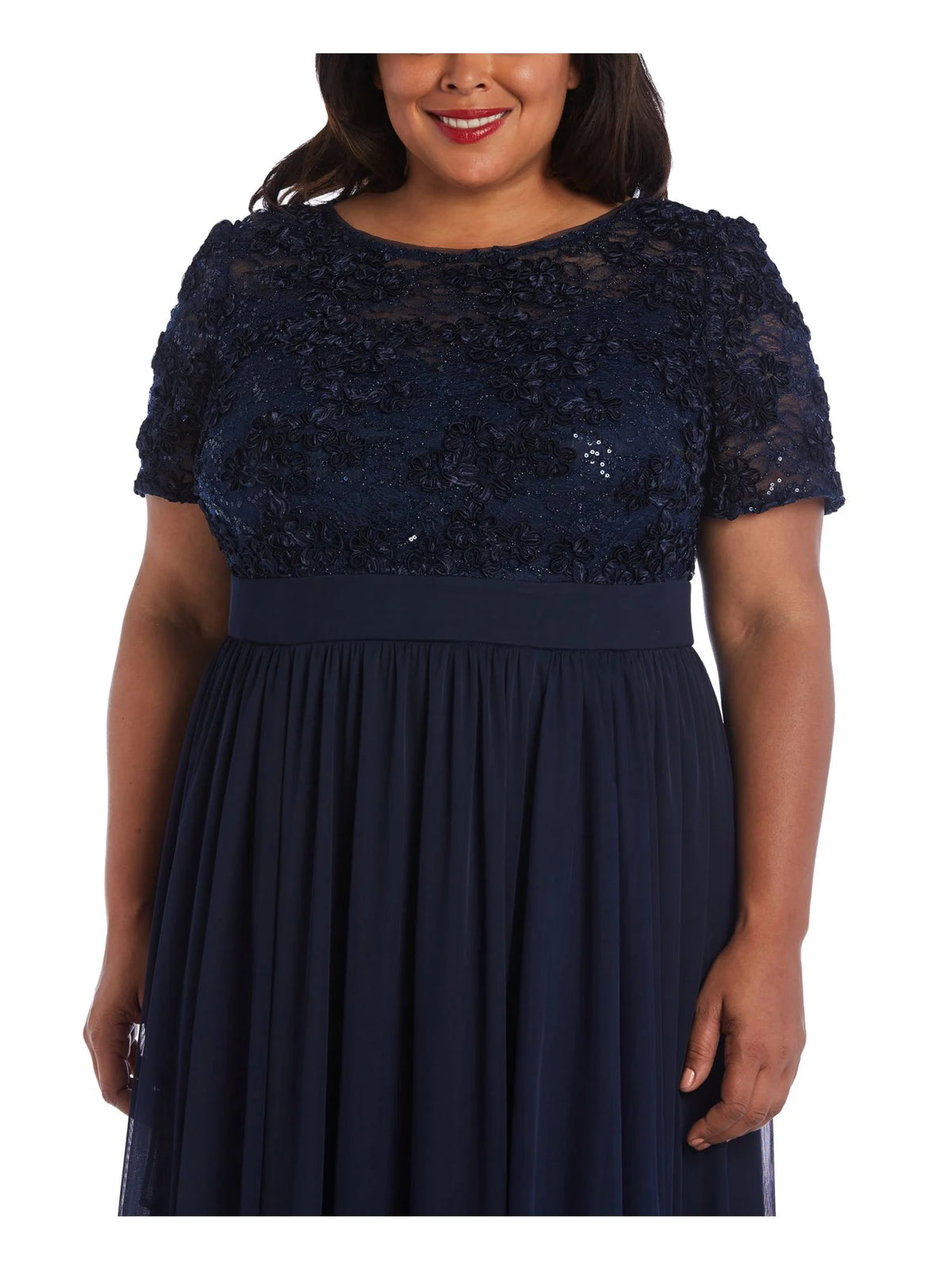 Navy Sequined Lace Short Sleeve Full-Length Evening Layered Dress Plus 20W U4114