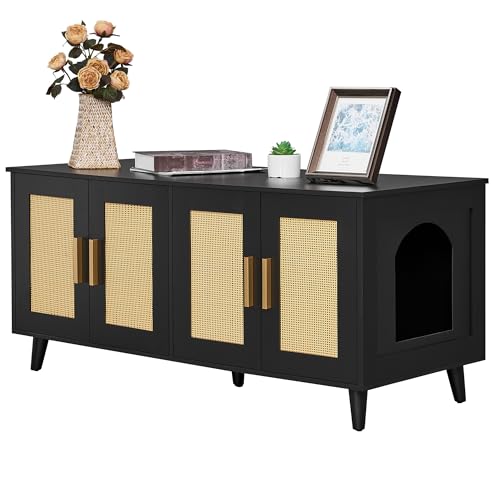 Boho Cat Litter Box Enclosure with Double Rattan Decorated Doors, 47.2"L x 19.7"W x 21.7"H, Natural J296