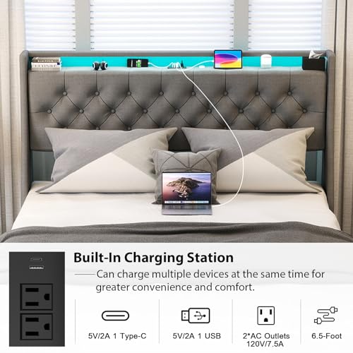Gray Full Size Upholstered Bed Frame with 4 Storage Drawers and LED Lights K355