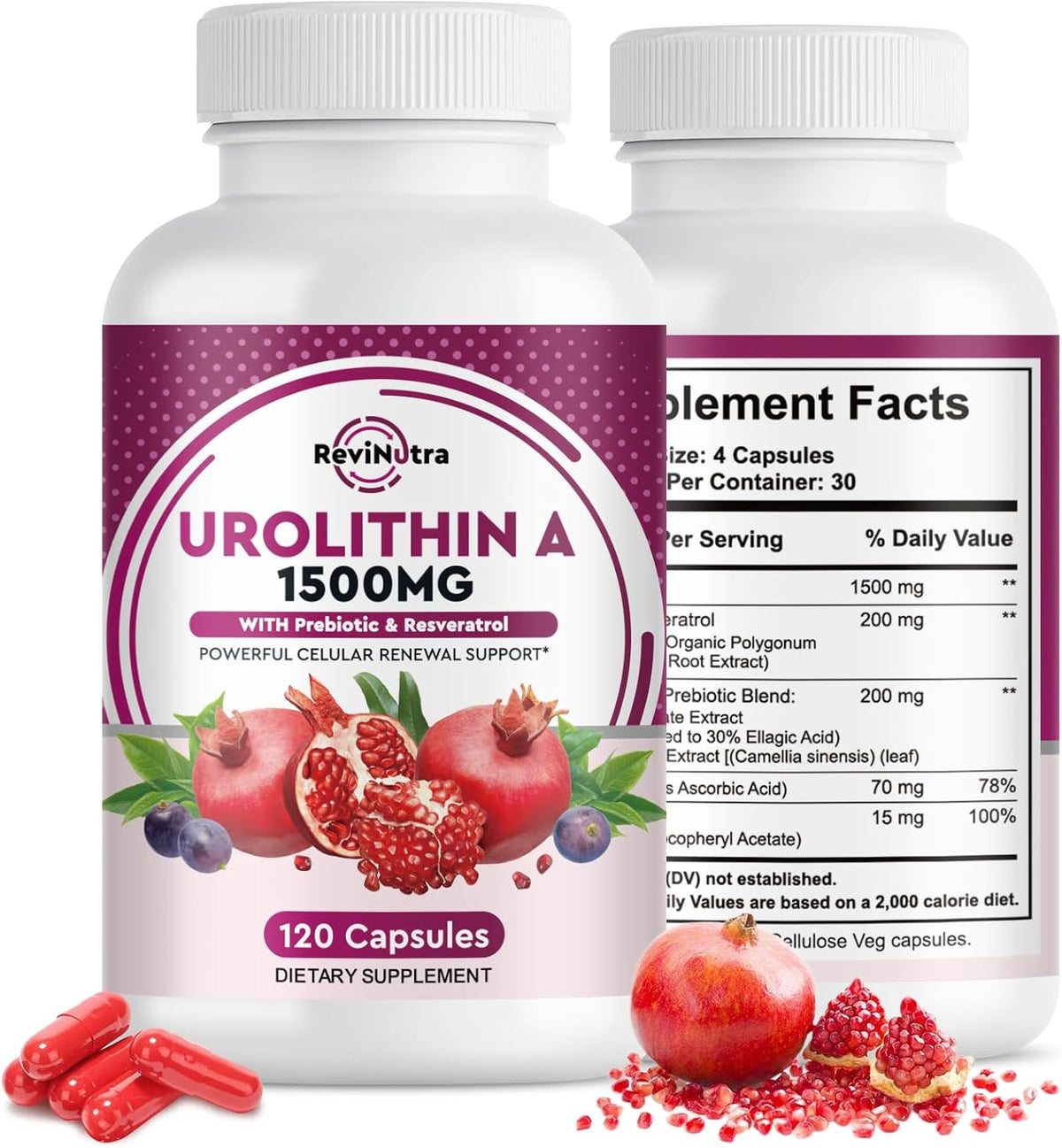 Urolithin A Supplement 1000 mg with Resveratrol, Pomegranate Extract, Green Tea, Vitamin C, E, 120 Capsules K332