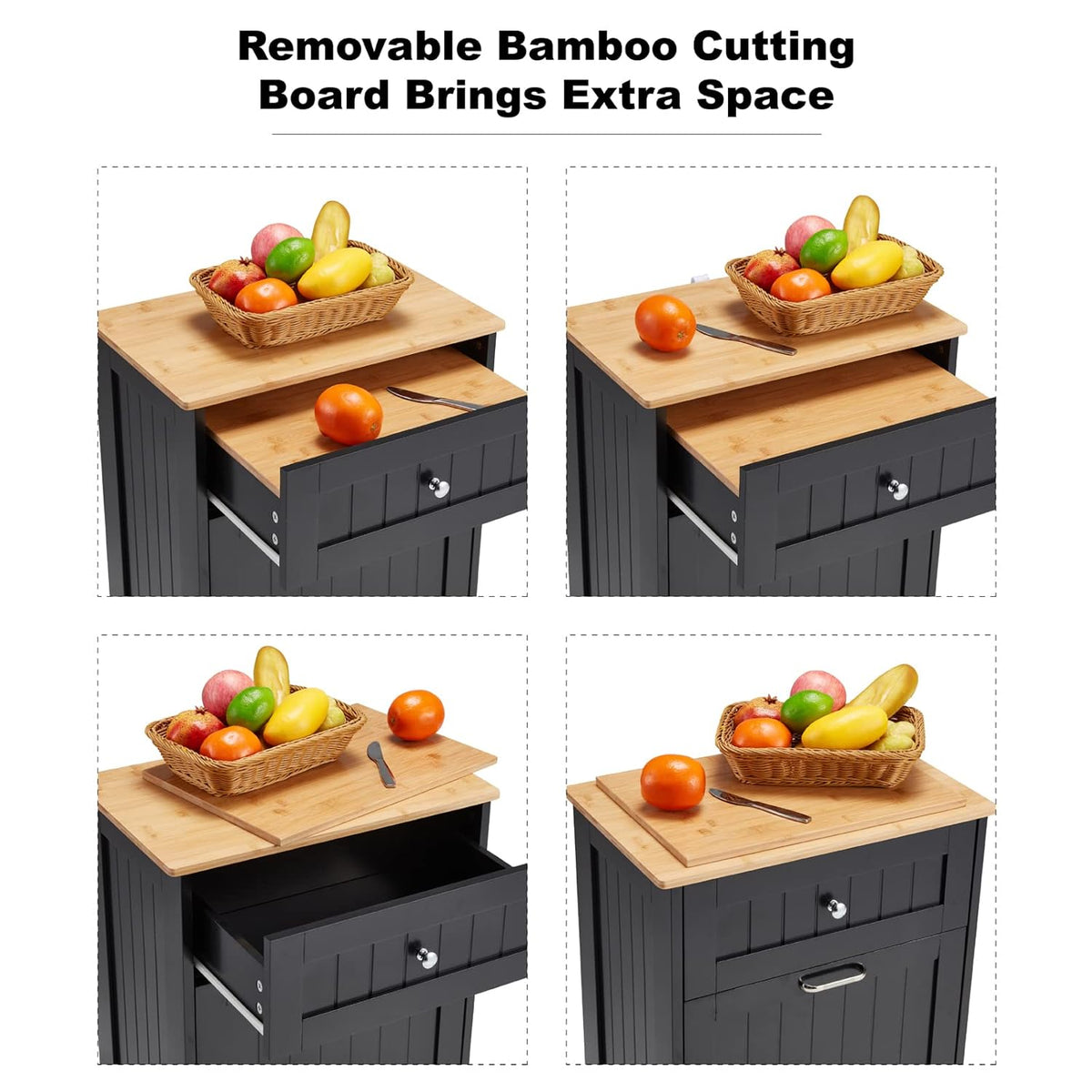 Black 10 Gallon Wood Trash Can Cabinet with Drawer & Cutting Board T105
