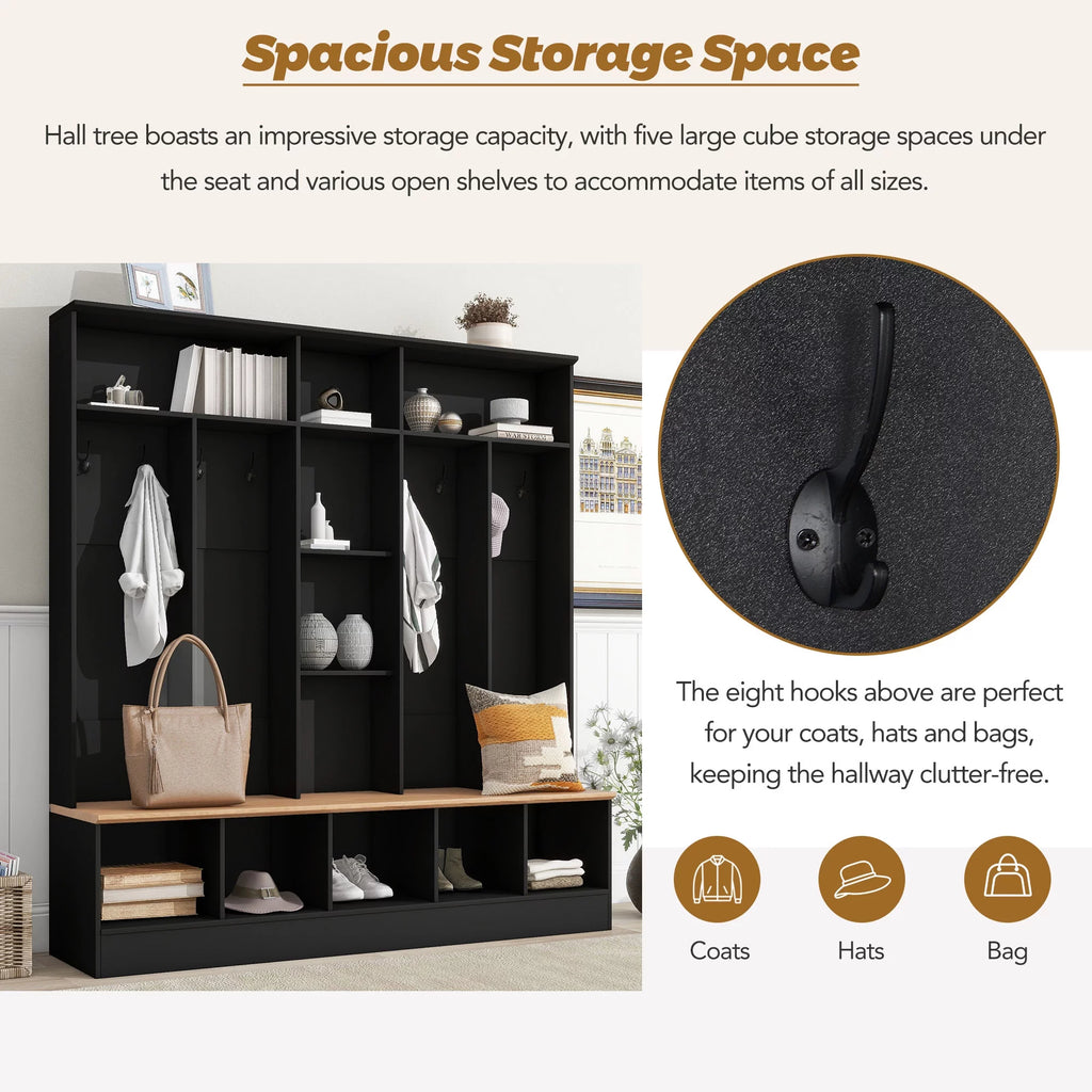 Black Hall Tree with Storage Bench and 8 Hooks H24003