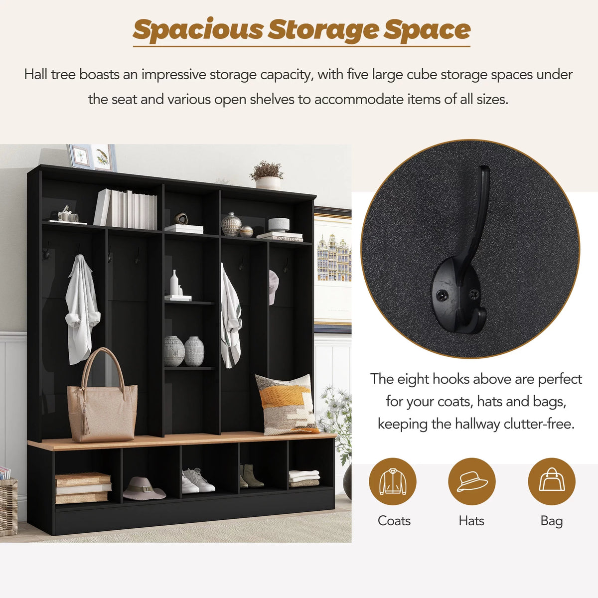 Black Hall Tree with Storage Bench and 8 Hooks H24003