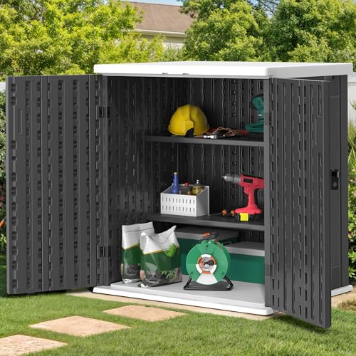 Outdoor Storage Cabinet with 2 Shelves, Waterproof Resin Lockable 15 cu. ft. Storage Shed, Dark Gray D531