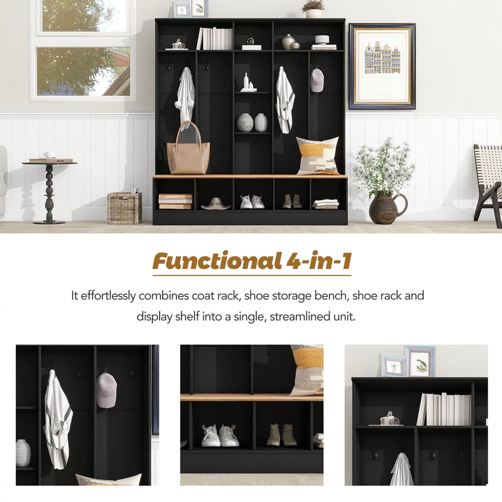 Black Hall Tree with Storage Bench and 8 Hooks H24003