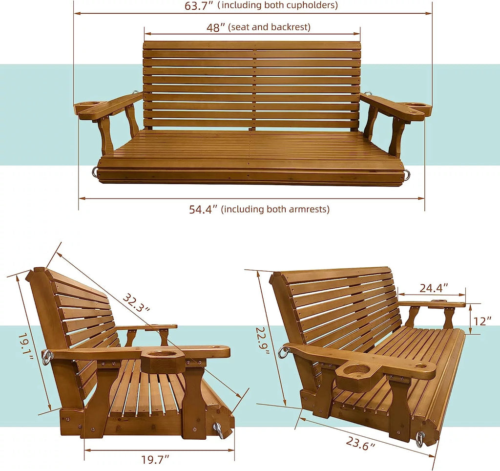 Brown 2 Seater Wooden Porch Swing with Cupholders D308