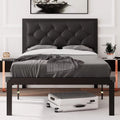 Twin Size Black Metal Bed Frame with Faux Leather Tufted Headboard K926