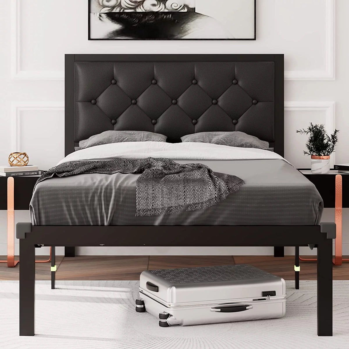 Twin Size Black Metal Bed Frame with Faux Leather Tufted Headboard K926