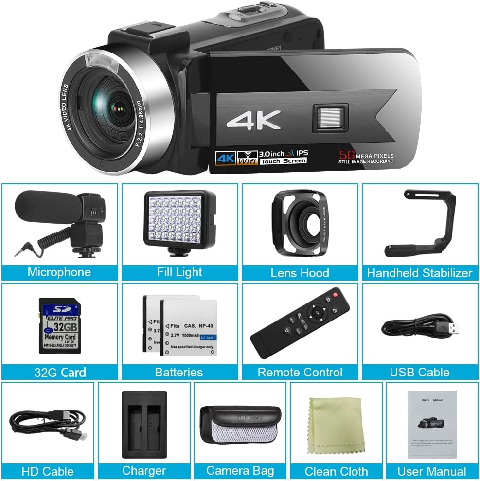 4K UHD 56MP Vlogging Camera with Microphone, 16X Zoom, 3.0 Touch Screen, IR Night Vision, Wi-Fi H213621