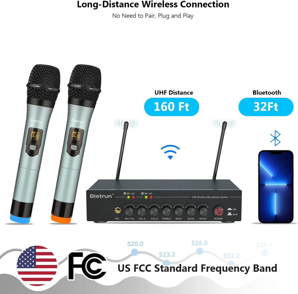 UHF Dual Channel Wireless Microphones with Bluetooth, Metal Cordless Handheld Dynamic Mics C256708