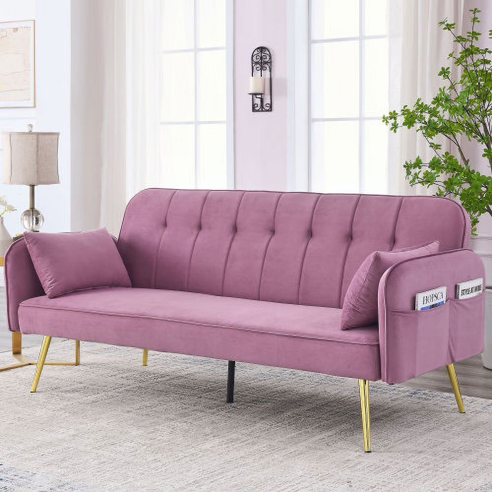Convertible Velvet Sofa Bed with Two Pillows and Center Leg V562443