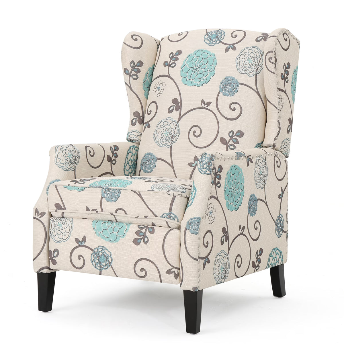 White and Blue Fabric Wing Back Recliner V359