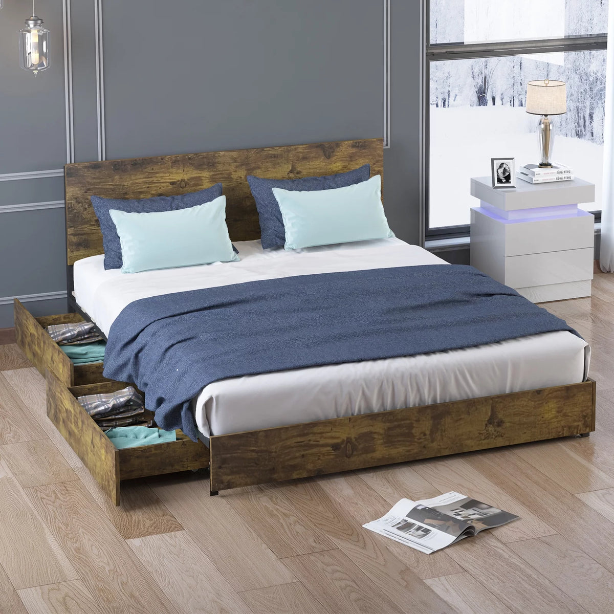 King Size Wooden Headboard Storage Bed Frame M35775