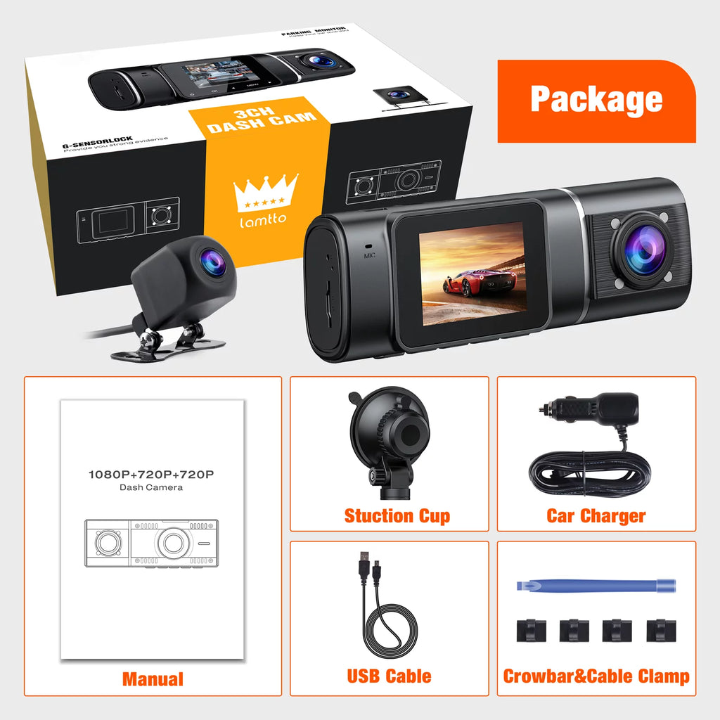 3 Channel 1080P Dash Cam with 64GB SD Card T432