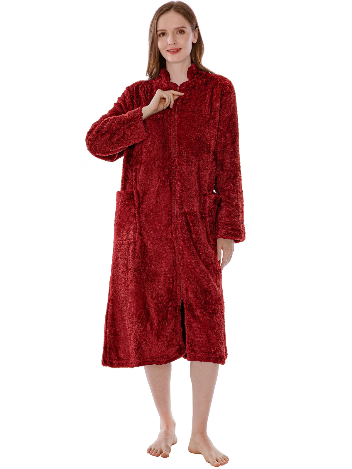 Wine Red Sherpa Fleece Zip Robe with Pockets J8201