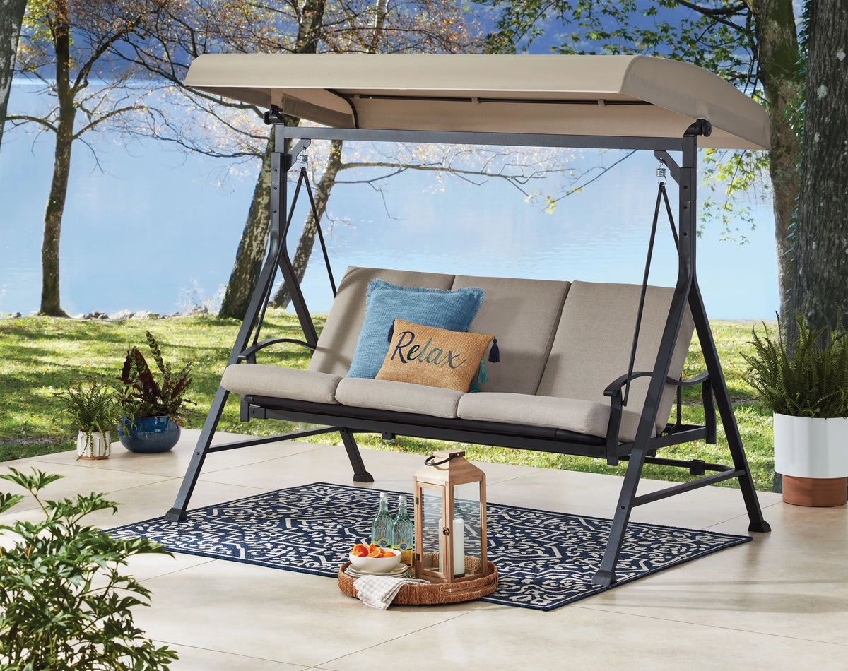 Beige 3 Person Steel Outdoor Swing with Canopy Y432612