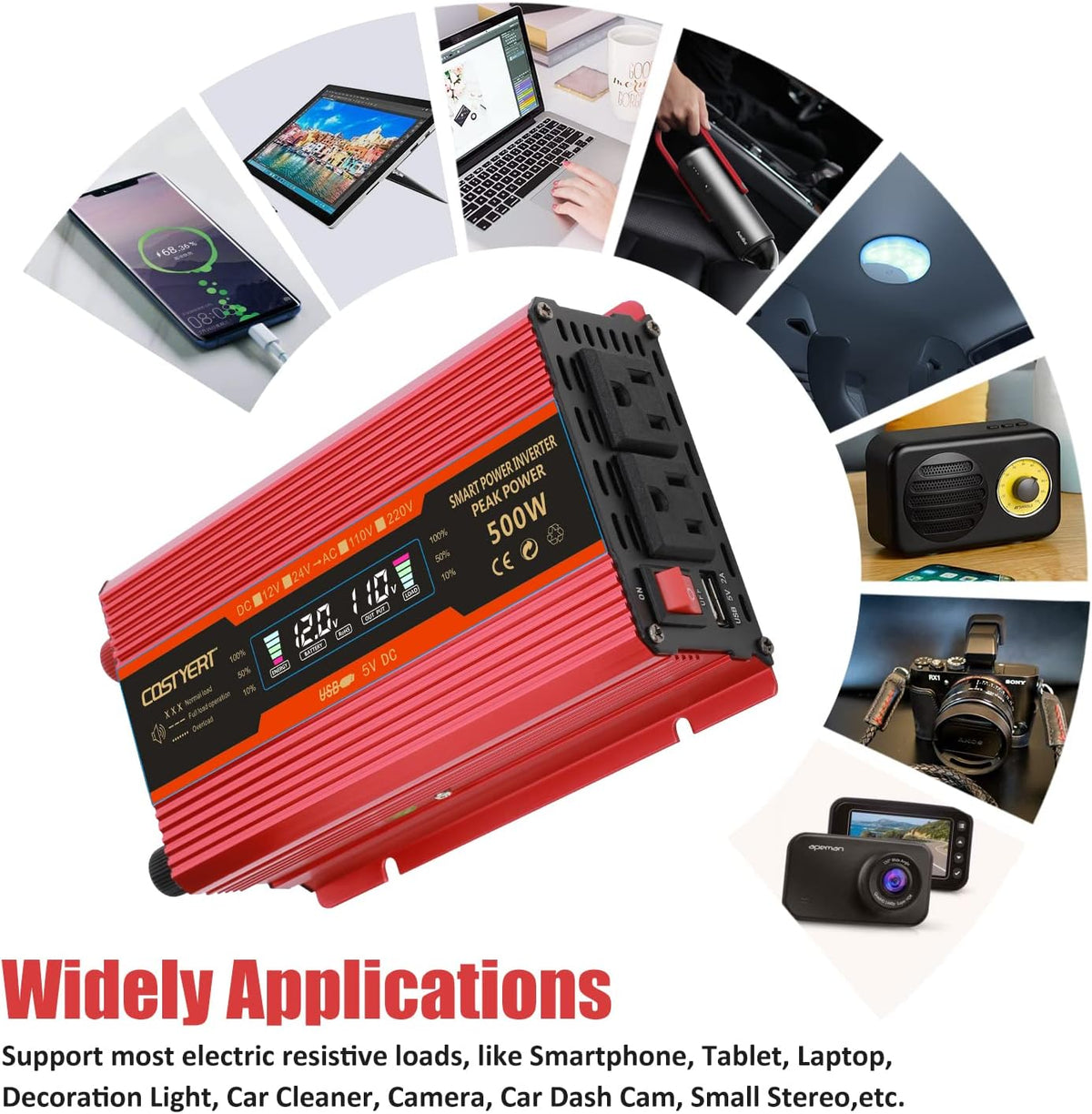 500W Power Inverter DC 12V to 110V AC Car Inverter with Alligator Battery Clamp, LCD Display, Dual AC Outlets & 2.0A USB Ports S545