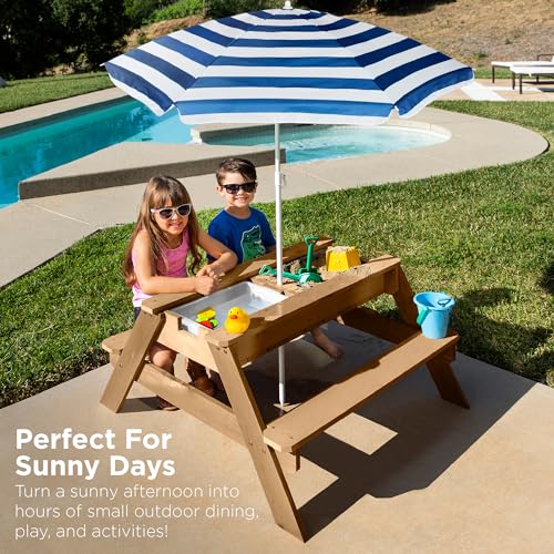 Kids 3-in-1 Sand & Water Table Wood Picnic Table with Umbrella N4805