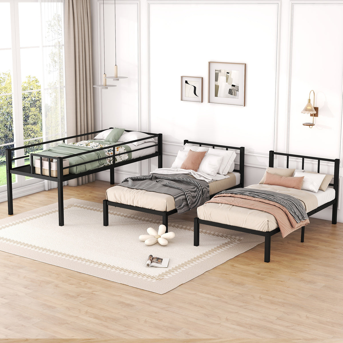 Black Twin XL over Twin & Twin Metal Triple Bunk Bed Q68084