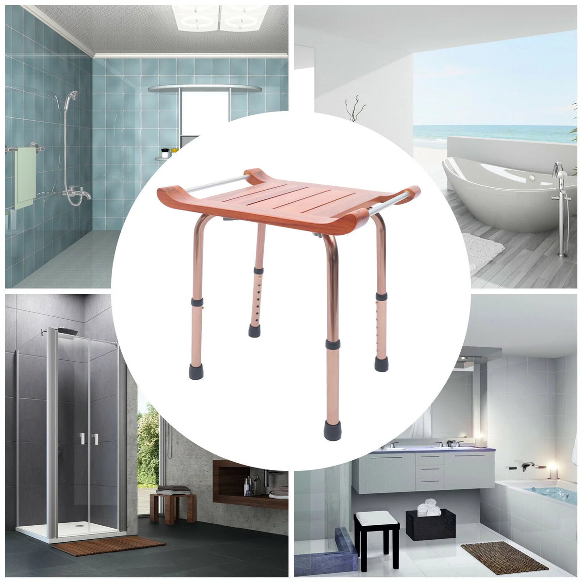 Teak Shower Stool Bathroom Bench Adjustable Non-Slip A319