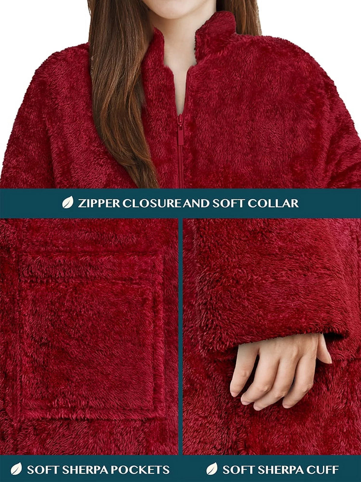 Wine Red Sherpa Fleece Zip Robe with Pockets J8201