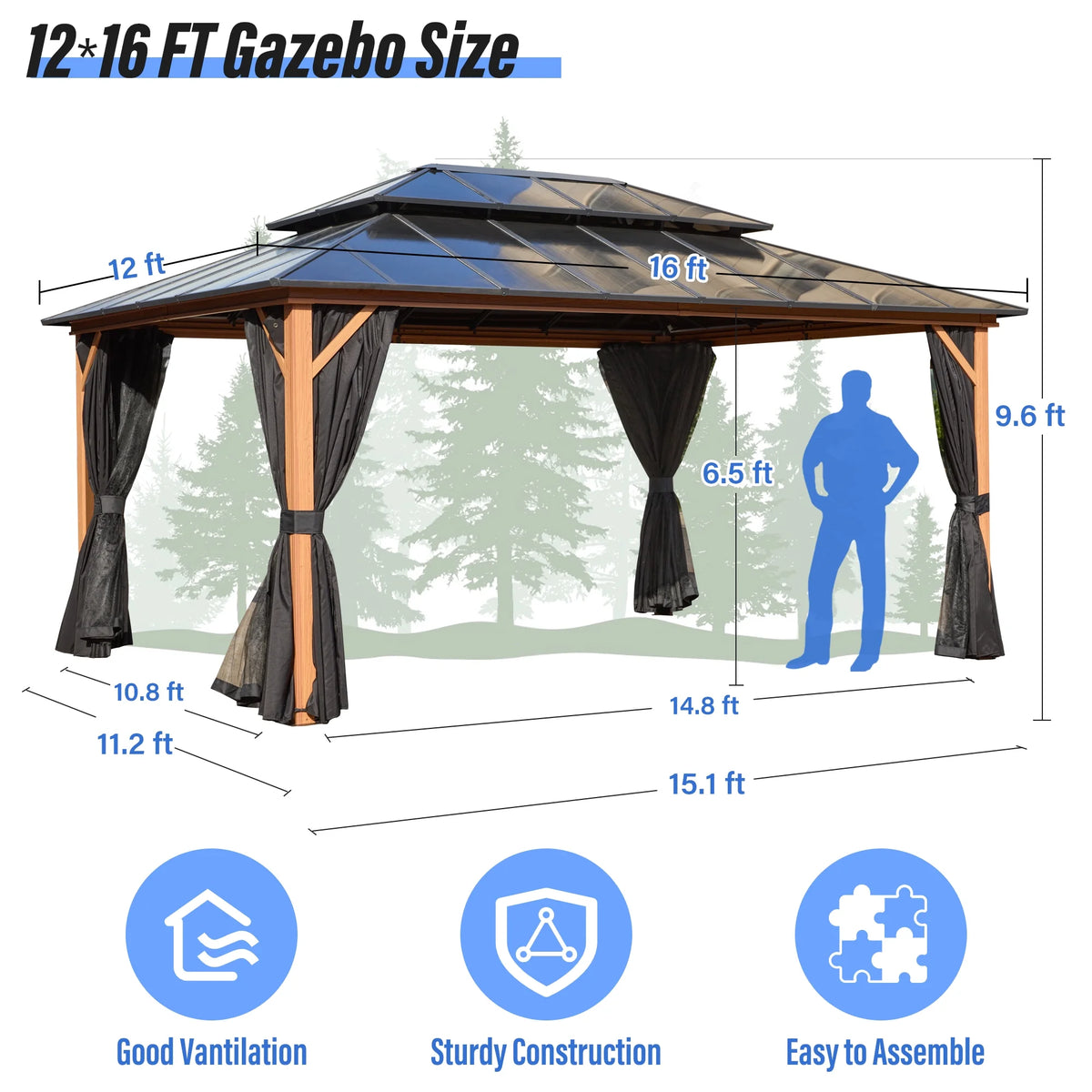 12'x 16' Hardtop Aluminum Gazebo with Double Polycarbonate Roof K96904
