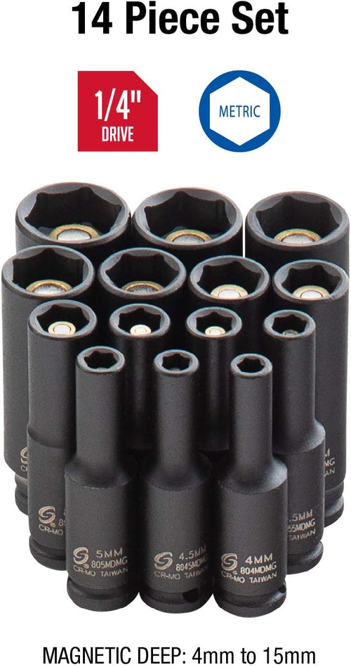 14-Piece 1/4 Inch Drive Deep Magnetic Impact Socket Set, Metric, Cr-Mo Alloy Steel Y640357