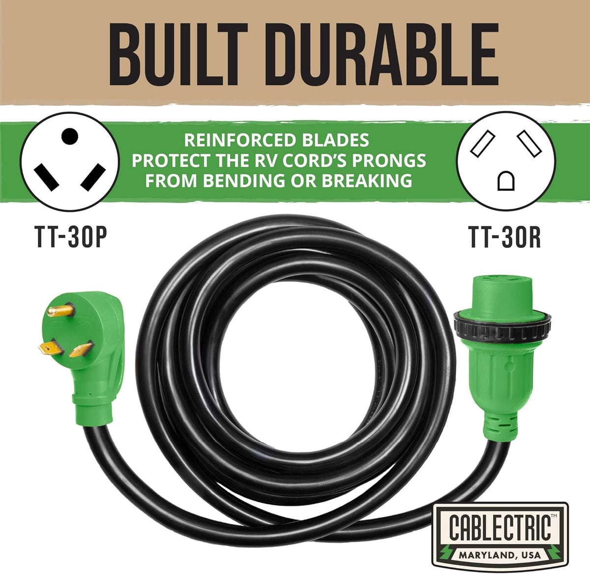 30 Amp 10/3 50 Ft RV Extension Cord, TT-30R to TT-30P, 125v, Green and Black M4814