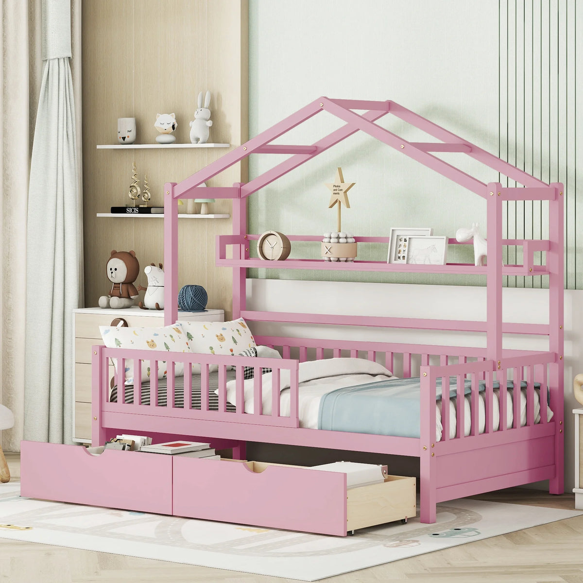 Twin Size Wooden House Bed with 2 Drawers R6778