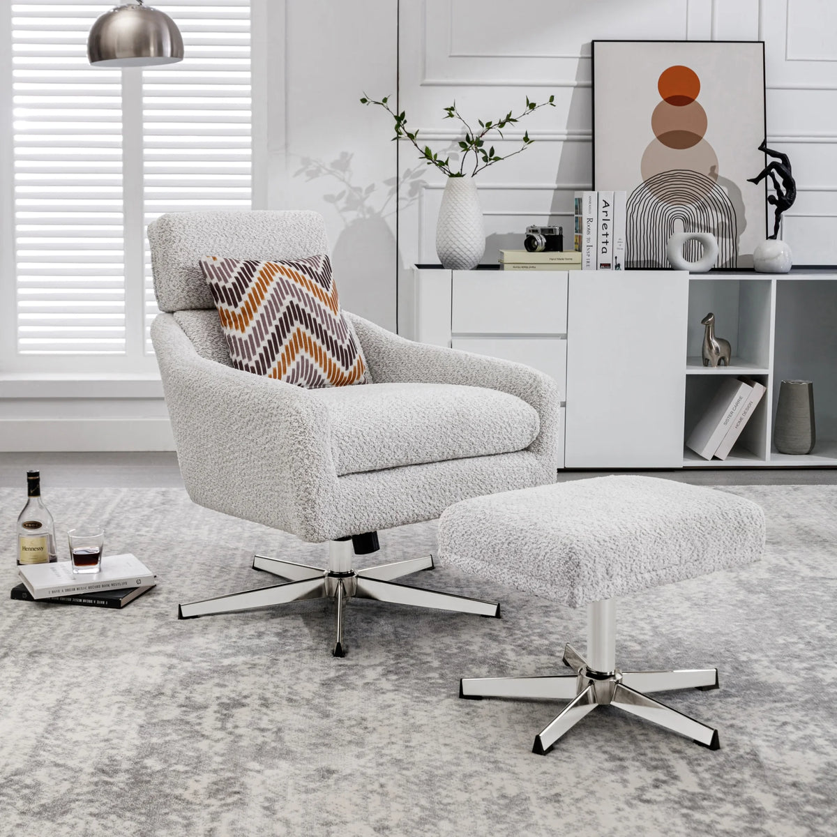 Beige Linen Swivel Armchair with Ottoman H758