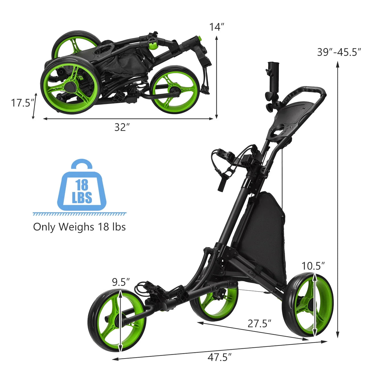 Folding 3 Wheels Golf Push Cart with Bag Scoreboard C24836