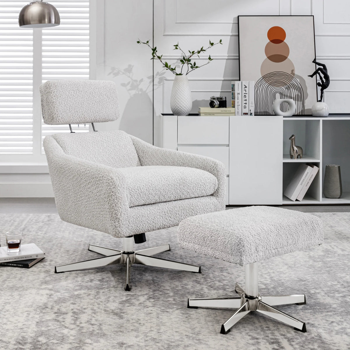 Beige Linen Swivel Armchair with Ottoman H758