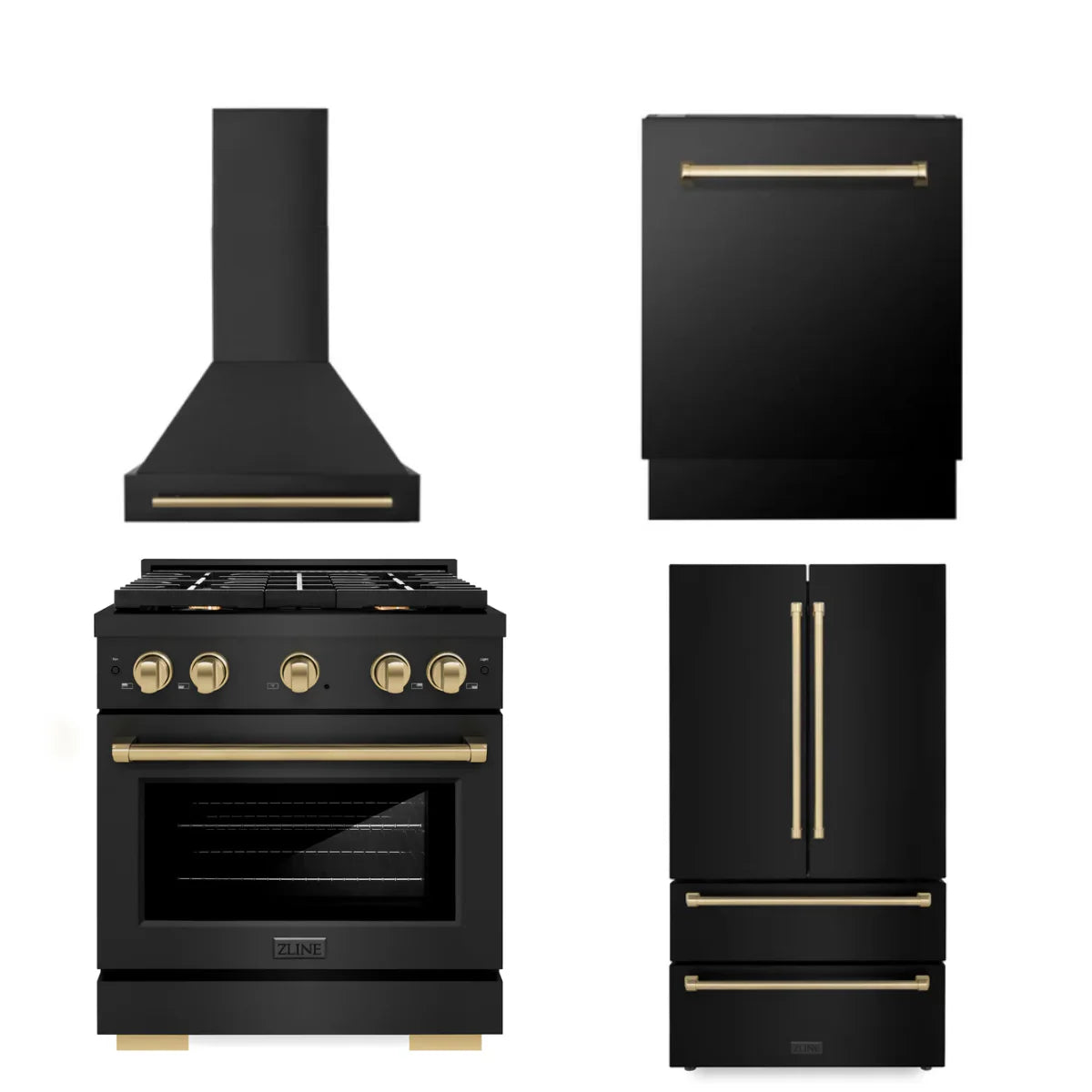 30 Gas Range, Range Hood, Refrigerator, Dishwasher in Black Stainless K4796