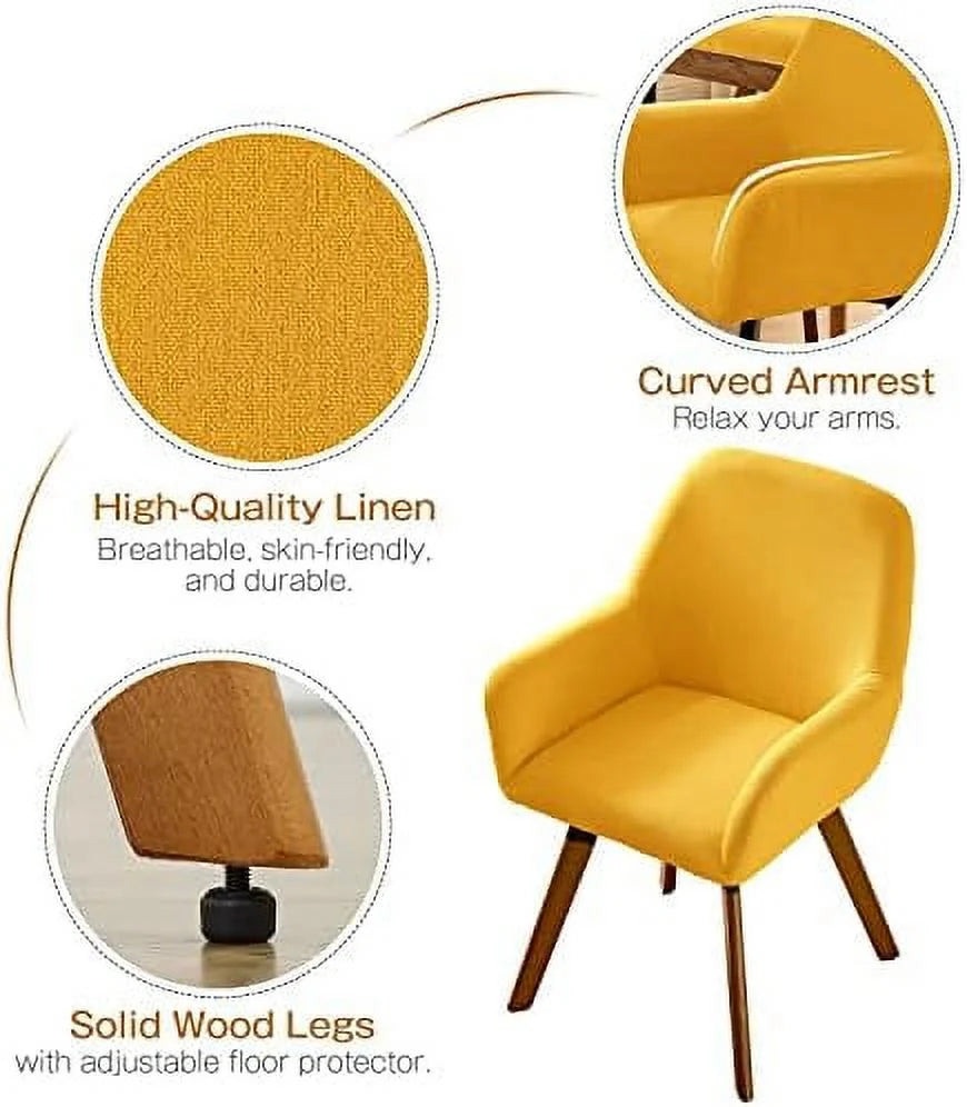 Yellow Linen Fabric Swivel Accent Chair with Solid Wood Legs F7583