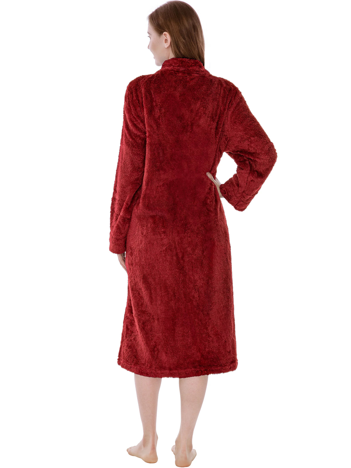 Wine Red Sherpa Fleece Zip Robe with Pockets J8201