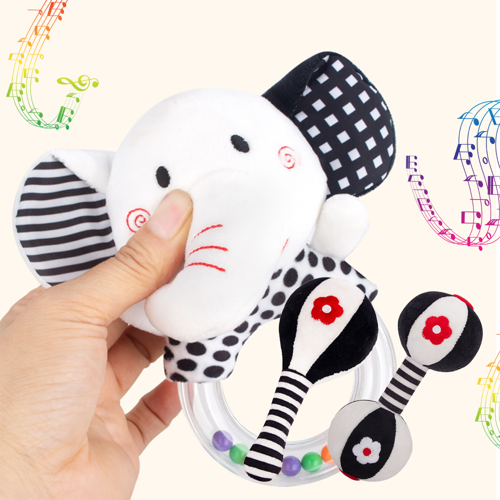 3Pcs Black & White Baby Rattles Set O948034