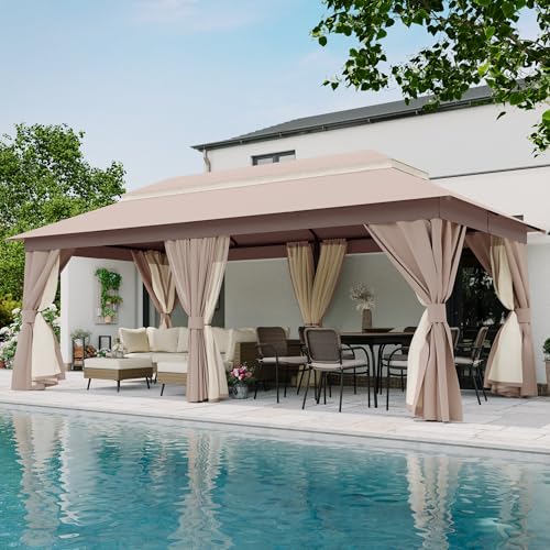 10'x13' Heavy Duty Outdoor Patio Gazebo with Double Roofs, Mosquito Nets and Privacy Screens J993